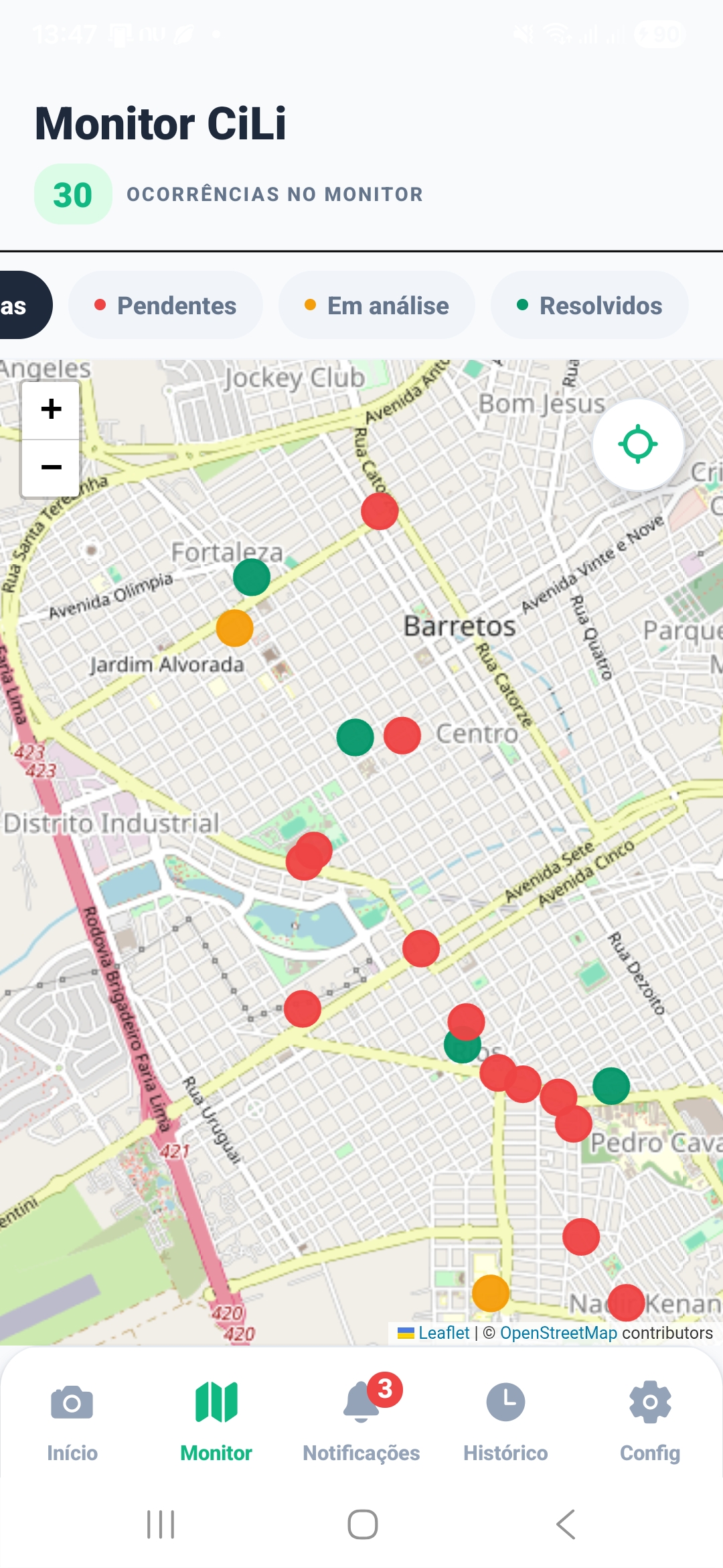 Tela geral do Monitor CiLi com mapa e pontos por status