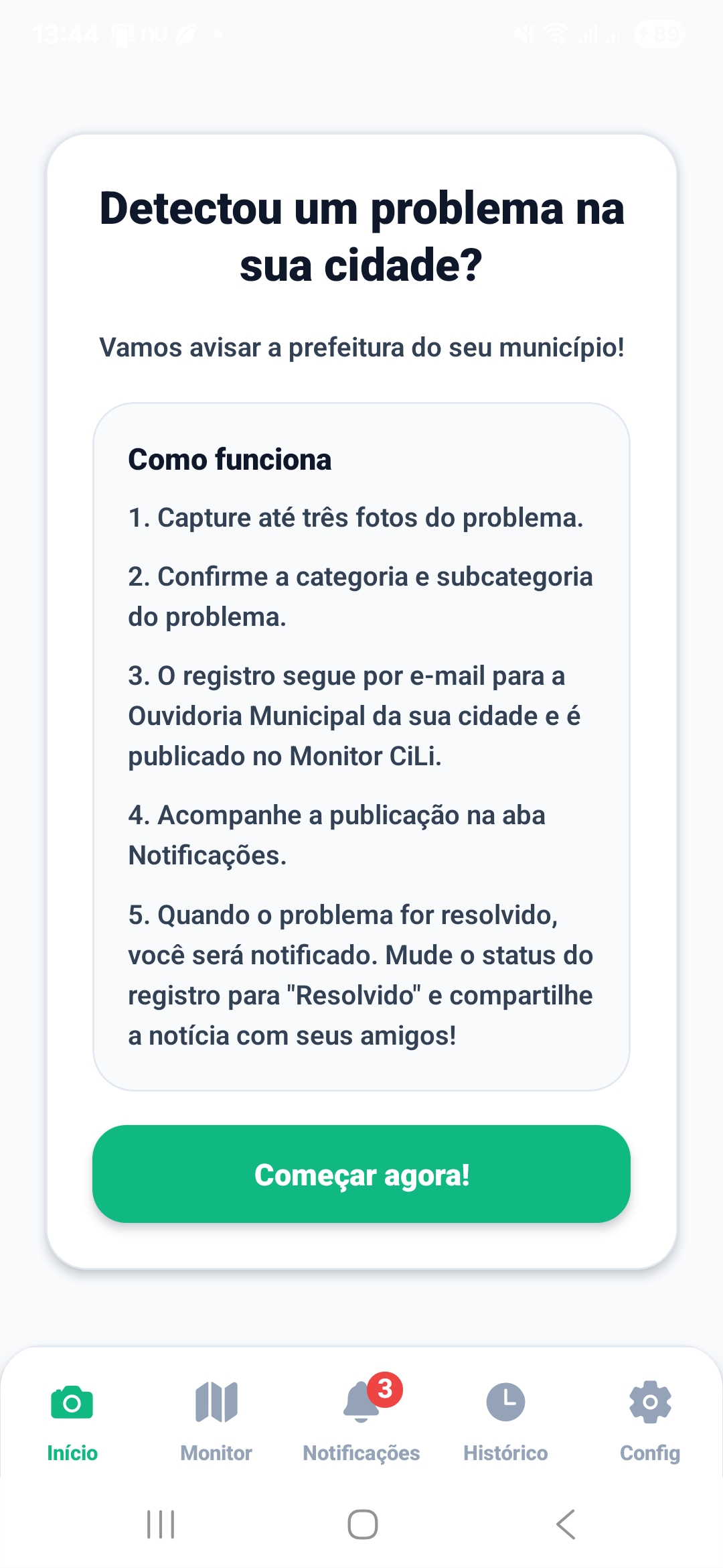 Tela introdutória do fluxo de registro de problemas na CiLi