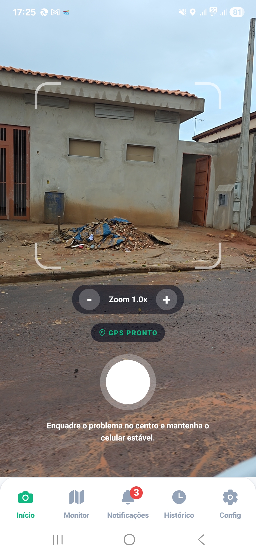 Tela da câmera da CiLi com GPS pronto para registrar uma ocorrência