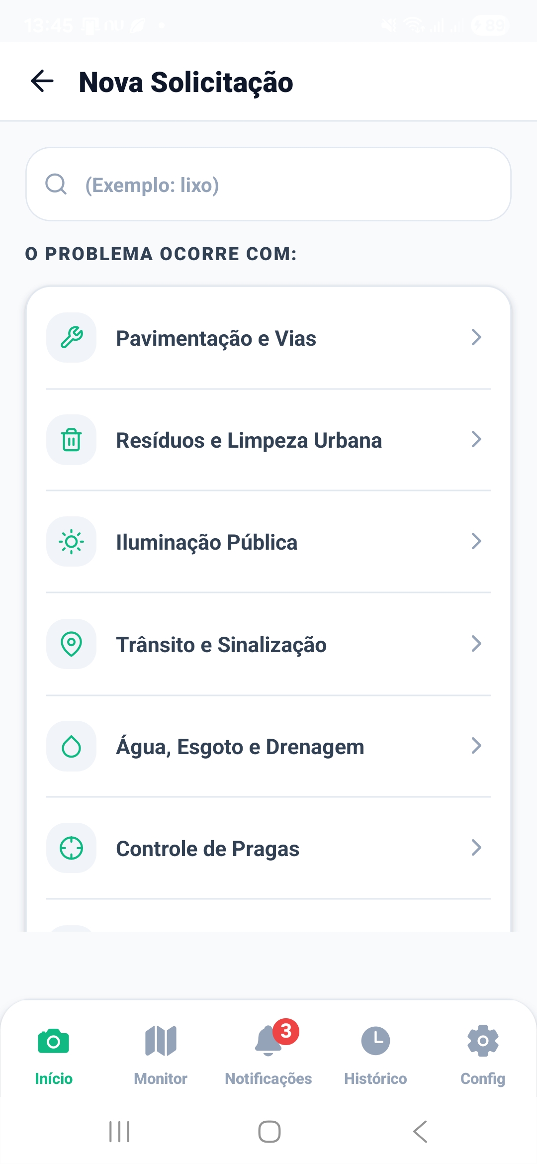 Tela de categorias para classificar uma nova publicação na CiLi