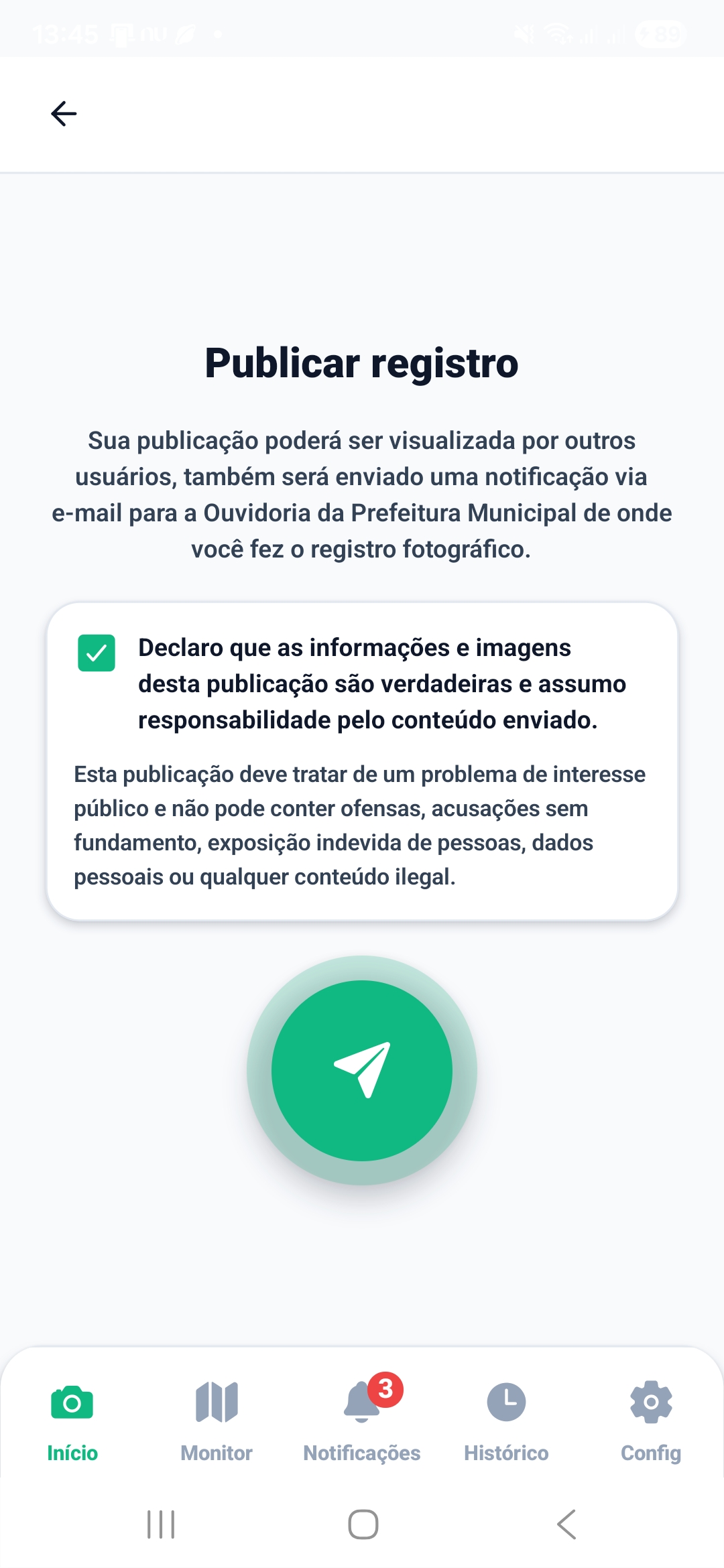 Tela final para publicar um registro no app CiLi