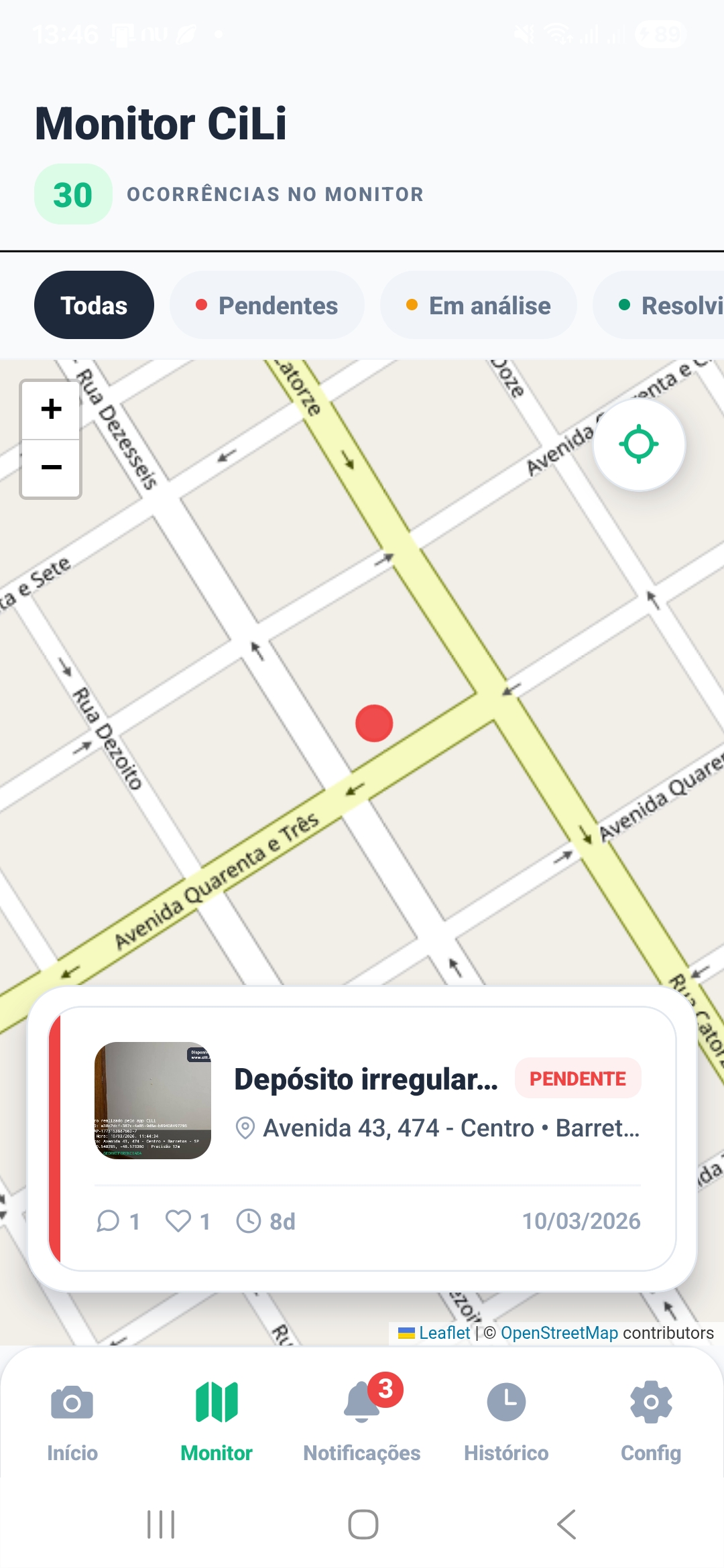 Tela do Monitor CiLi exibindo uma publicação pendente
